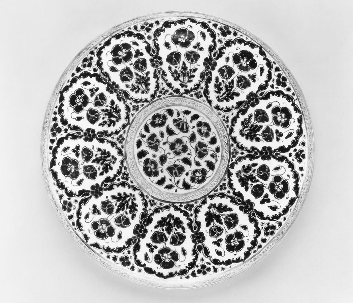 Footed Bowl and Plate, Glass, opalescent white; blown, bowl with applied stem and blown applied foot, fired silver and gold decoration