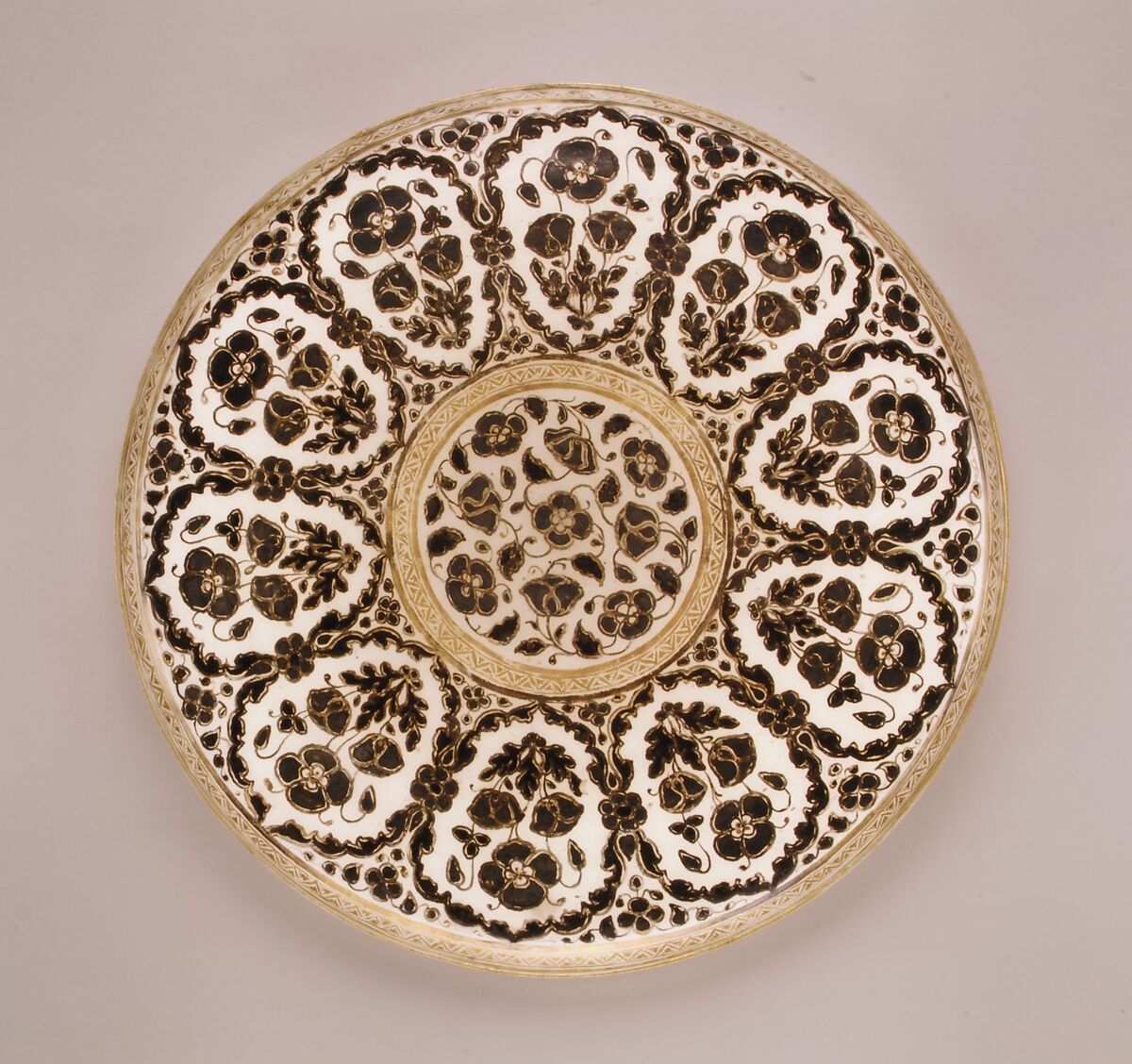 Footed Bowl and Plate, Glass, opalescent white; blown, bowl with applied stem and blown applied foot, fired silver and gold decoration