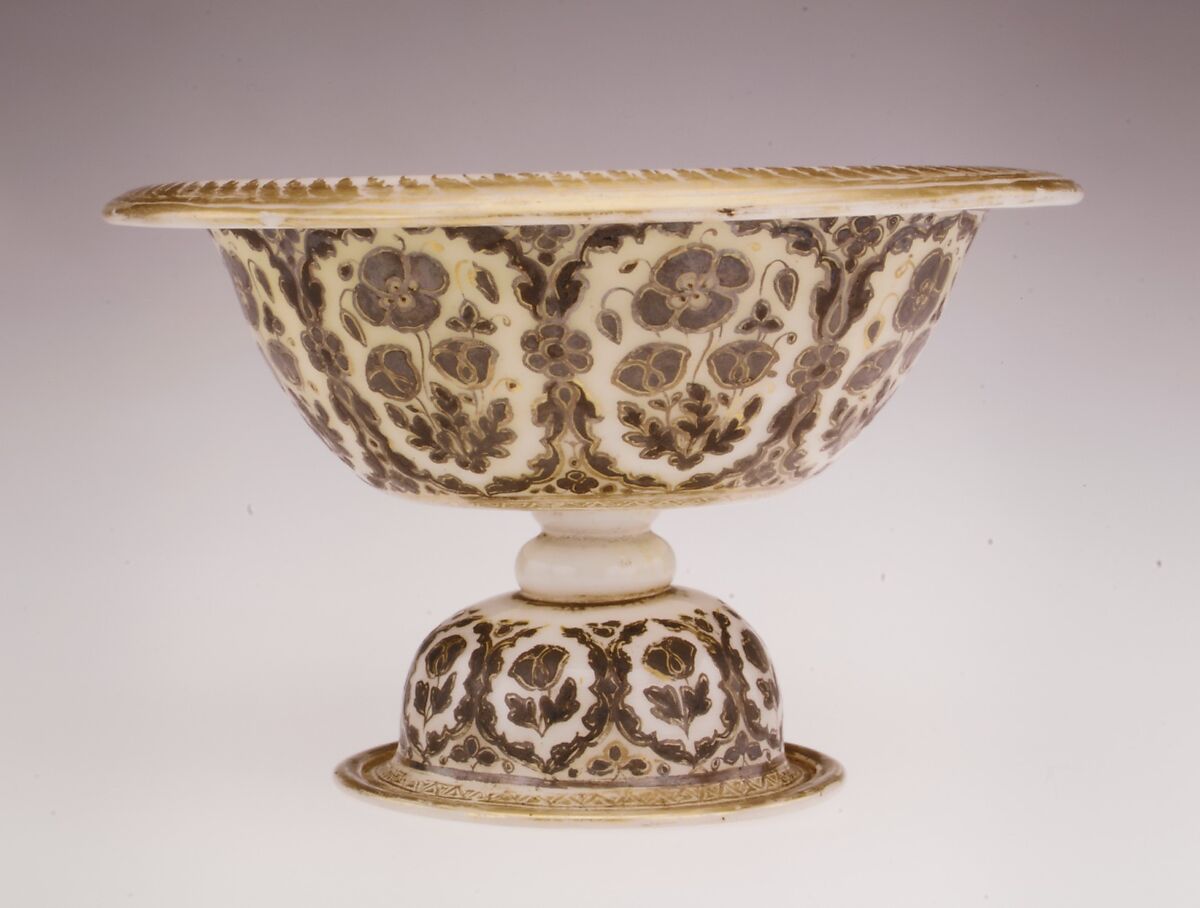 Footed Bowl and Plate, Glass, opalescent white; blown, bowl with applied stem and blown applied foot, fired silver and gold decoration