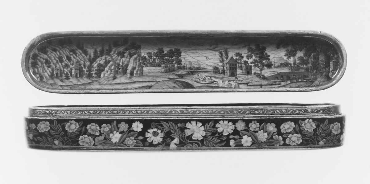 Pen Box with a Europeanizing Landscape, Haji Muhammad (Iranian), Papier-maché; painted and lacquered