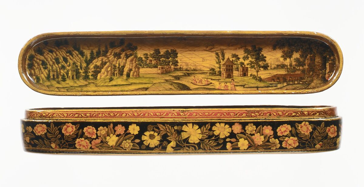Pen Box with a Europeanizing Landscape, Haji Muhammad (Iranian), Papier-maché; painted and lacquered