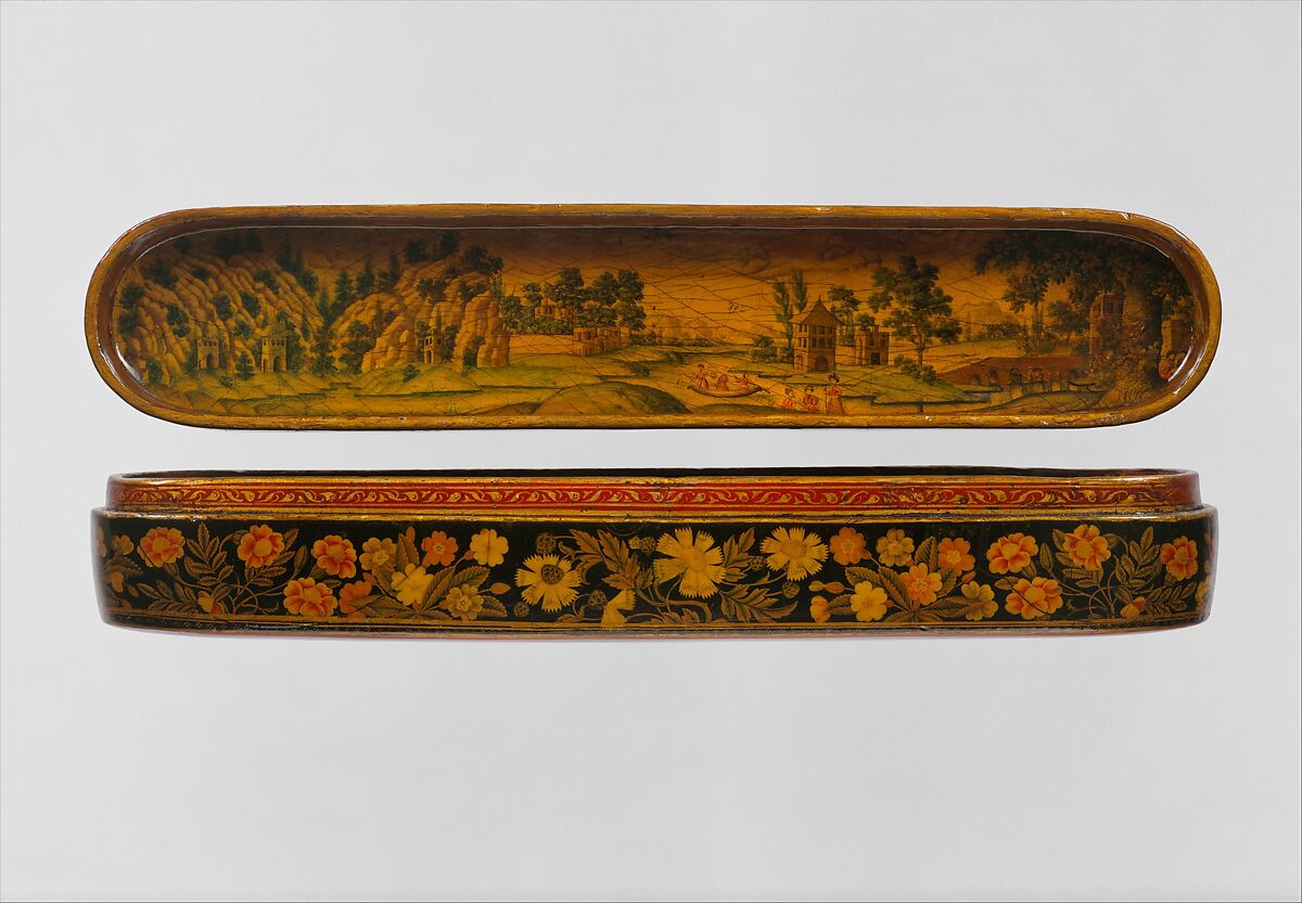 Pen Box with a Europeanizing Landscape, Haji Muhammad (Iranian), Papier-maché; painted and lacquered