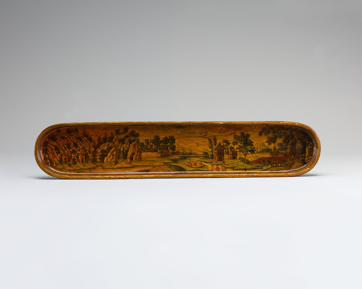 Pen Box with a Europeanizing Landscape, Haji Muhammad (Iranian), Papier-maché; painted and lacquered