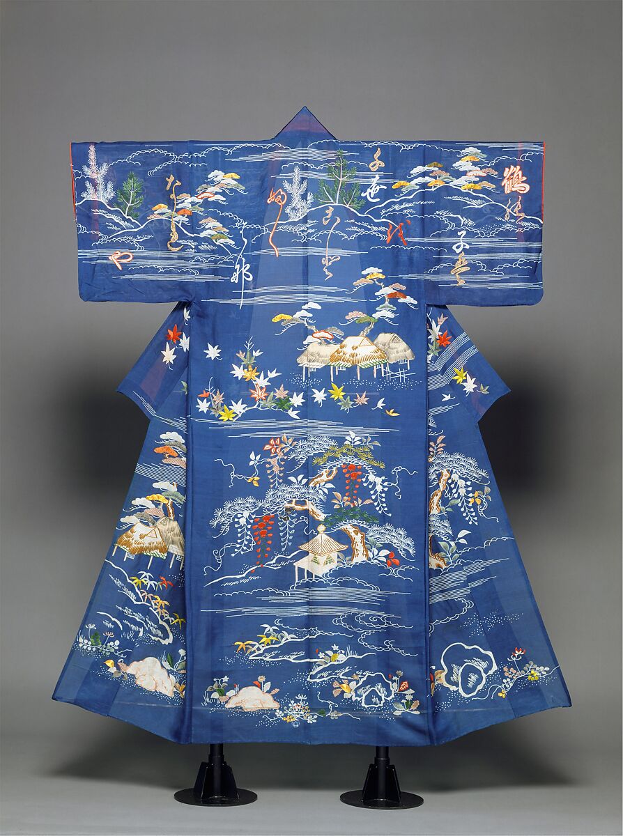 Unlined Summer Kimono (Hito-e) with Landscape and Poem, Embroidered and resist-dyed silk gauze (ro), Japan 