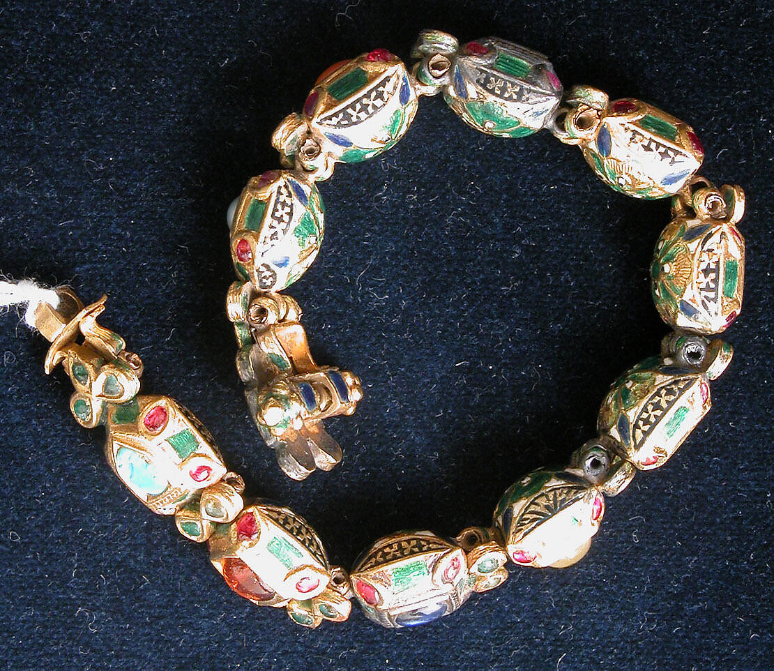 Nine-Gem (Navaratna) Talismanic Bracelet, One of a Pair, Gold, enamel; inset with emeralds, turquoise, garnets, sapphires, diamonds, agate, coral, pearls, and topaz