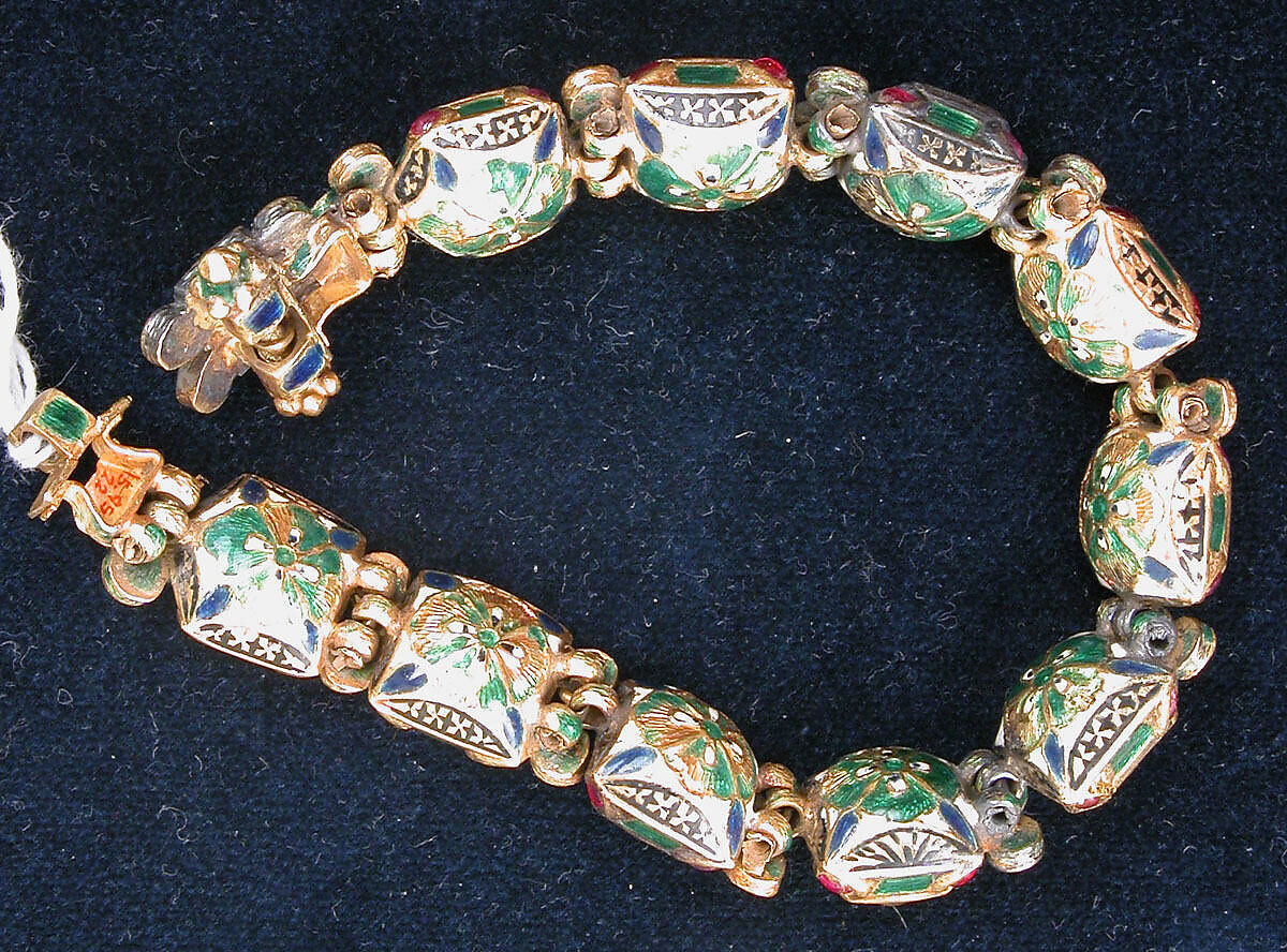 Nine-Gem (Navaratna) Talismanic Bracelet, One of a Pair, Gold, enamel; inset with emeralds, turquoise, garnets, sapphires, diamonds, agate, coral, pearls, and topaz