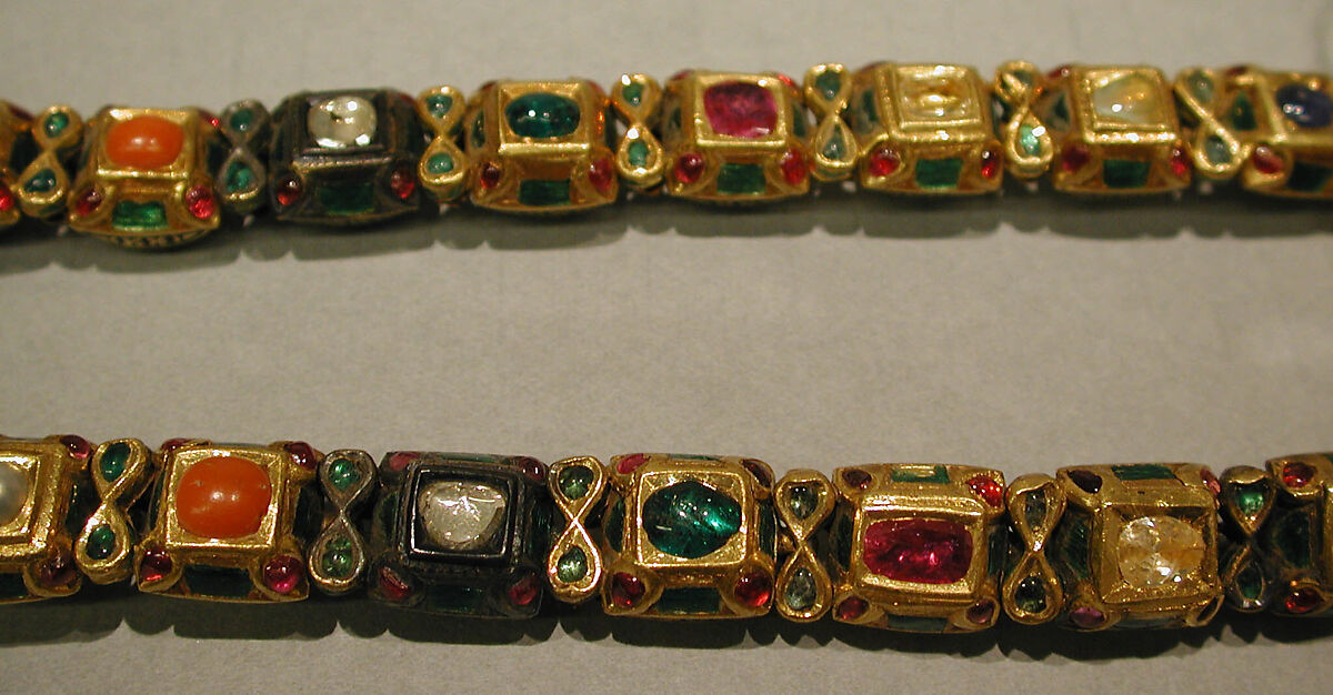 Nine-Gem (Navaratna) Talismanic Bracelet, One of a Pair, Gold, enamel; inset with emeralds, turquoise, garnets, sapphires, diamonds, agate, coral, pearls, and topaz
