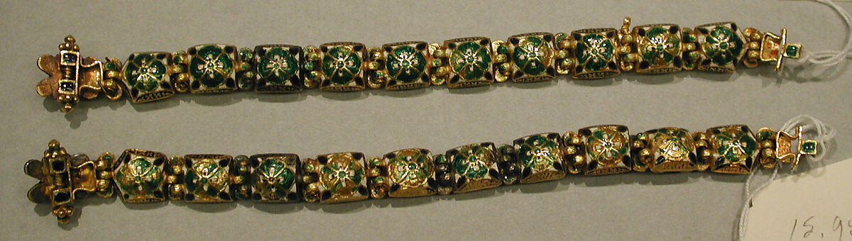 Nine-Gem (Navaratna) Talismanic Bracelet, One of a Pair, Gold, enamel; inset with emeralds, turquoise, garnets, sapphires, diamonds, agate, coral, pearls, and topaz