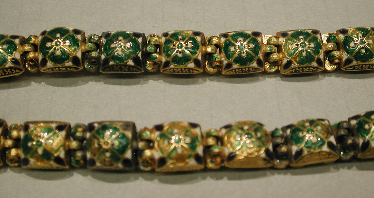 Nine-Gem (Navaratna) Talismanic Bracelet, One of a Pair, Gold, enamel; inset with emeralds, turquoise, garnets, sapphires, diamonds, agate, coral, pearls, and topaz