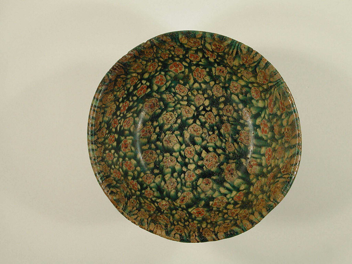 Glass Bowl in Millefiori Technique, Glass, green, opaque yellow, and opaque red mosaic; fused, slumped, ground, and polished, applied foot