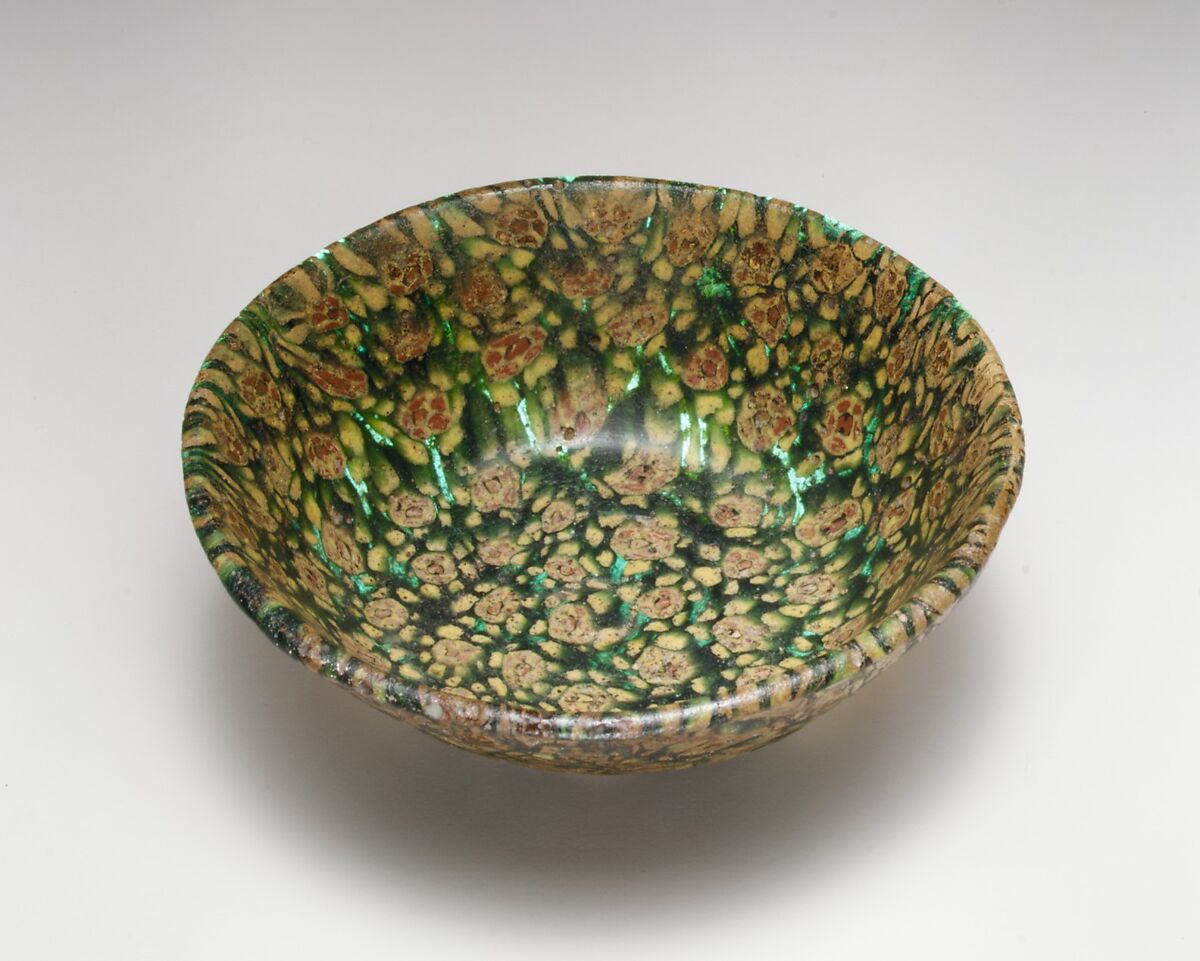Glass Bowl in Millefiori Technique, Glass, green, opaque yellow, and opaque red mosaic; fused, slumped, ground, and polished, applied foot
