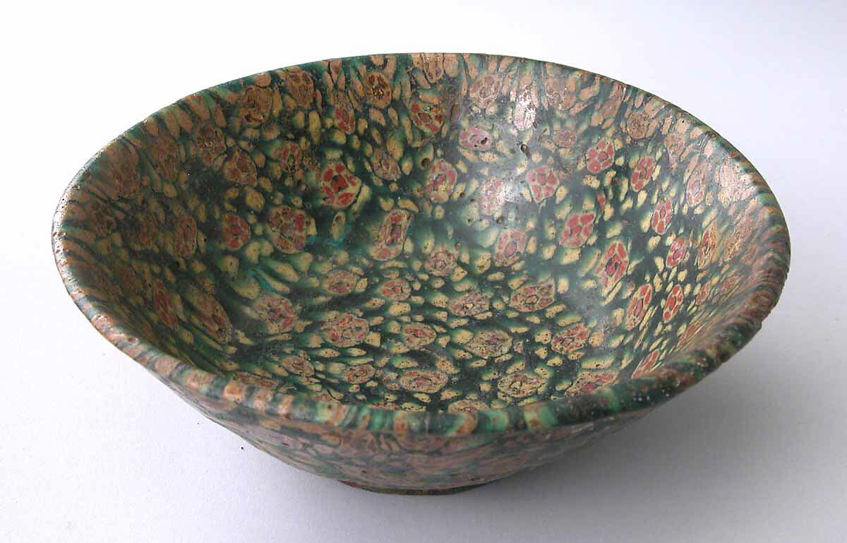 Glass Bowl in Millefiori Technique, Glass, green, opaque yellow, and opaque red mosaic; fused, slumped, ground, and polished, applied foot