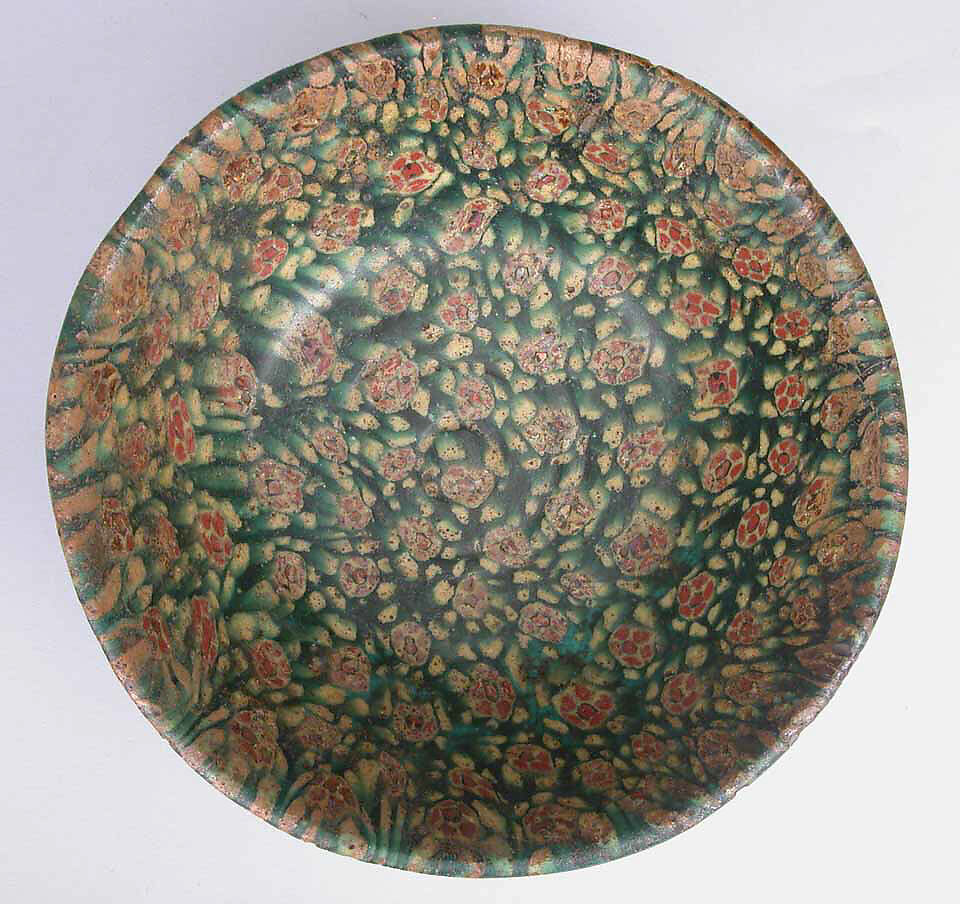 Glass Bowl in Millefiori Technique, Glass, green, opaque yellow, and opaque red mosaic; fused, slumped, ground, and polished, applied foot