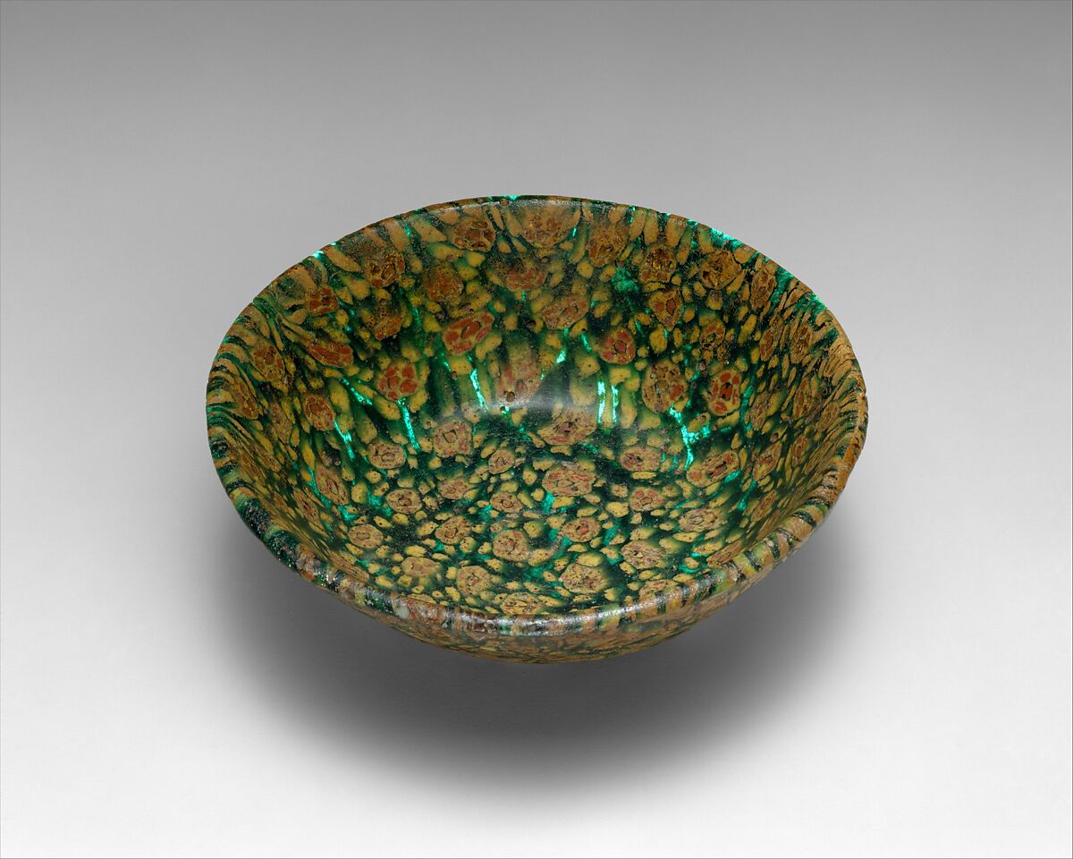 Glass Bowl in Millefiori Technique, Glass, green, opaque yellow, and opaque red mosaic; fused, slumped, ground, and polished, applied foot
