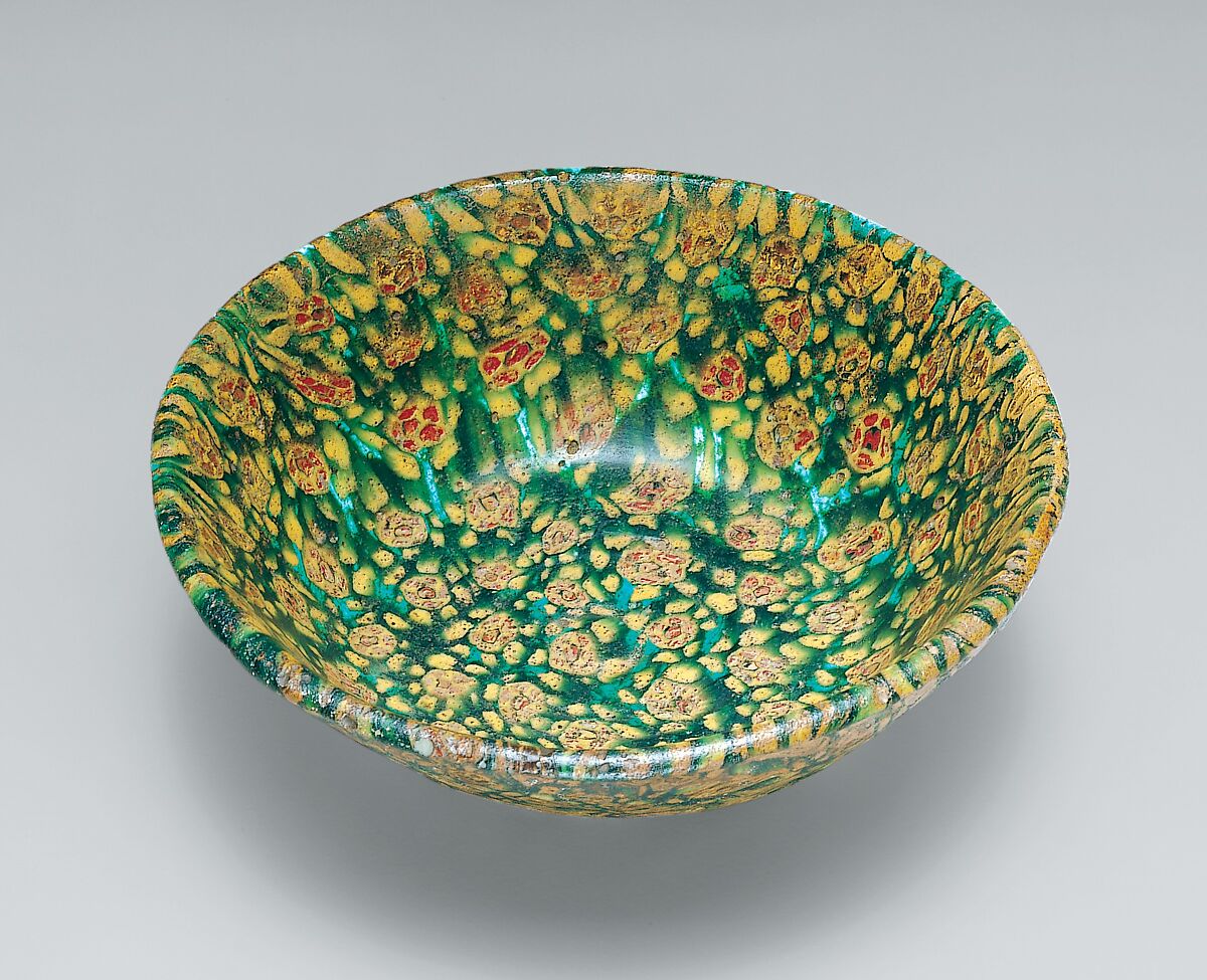 Glass Bowl in Millefiori Technique, Glass, green, opaque yellow, and opaque red mosaic; fused, slumped, ground, and polished, applied foot