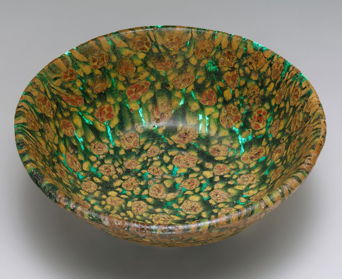 Glass Bowl in Millefiori Technique, Glass, green, opaque yellow, and opaque red mosaic; fused, slumped, ground, and polished, applied foot