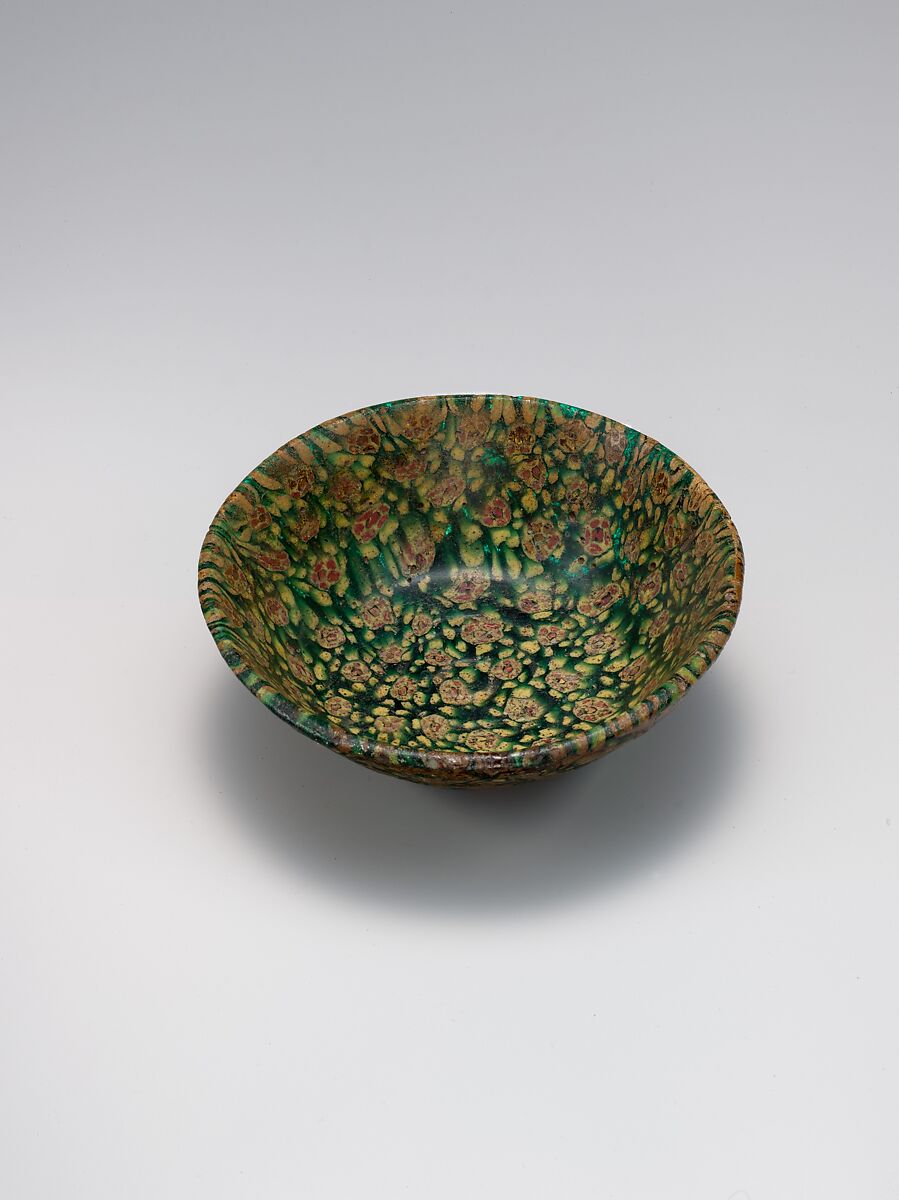 Glass Bowl in Millefiori Technique, Glass, green, opaque yellow, and opaque red mosaic; fused, slumped, ground, and polished, applied foot 