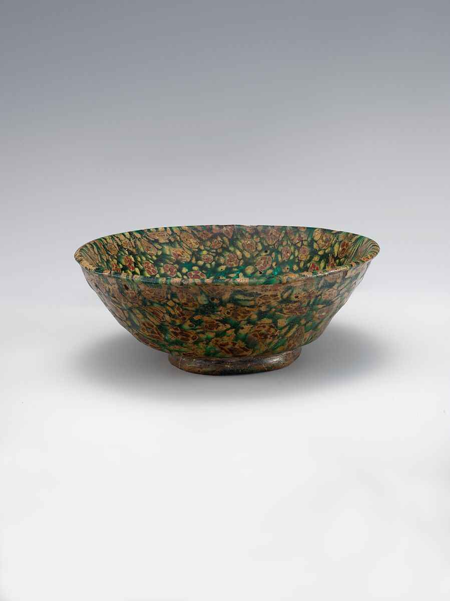 Glass Bowl in Millefiori Technique, Glass, green, opaque yellow, and opaque red mosaic; fused, slumped, ground, and polished, applied foot