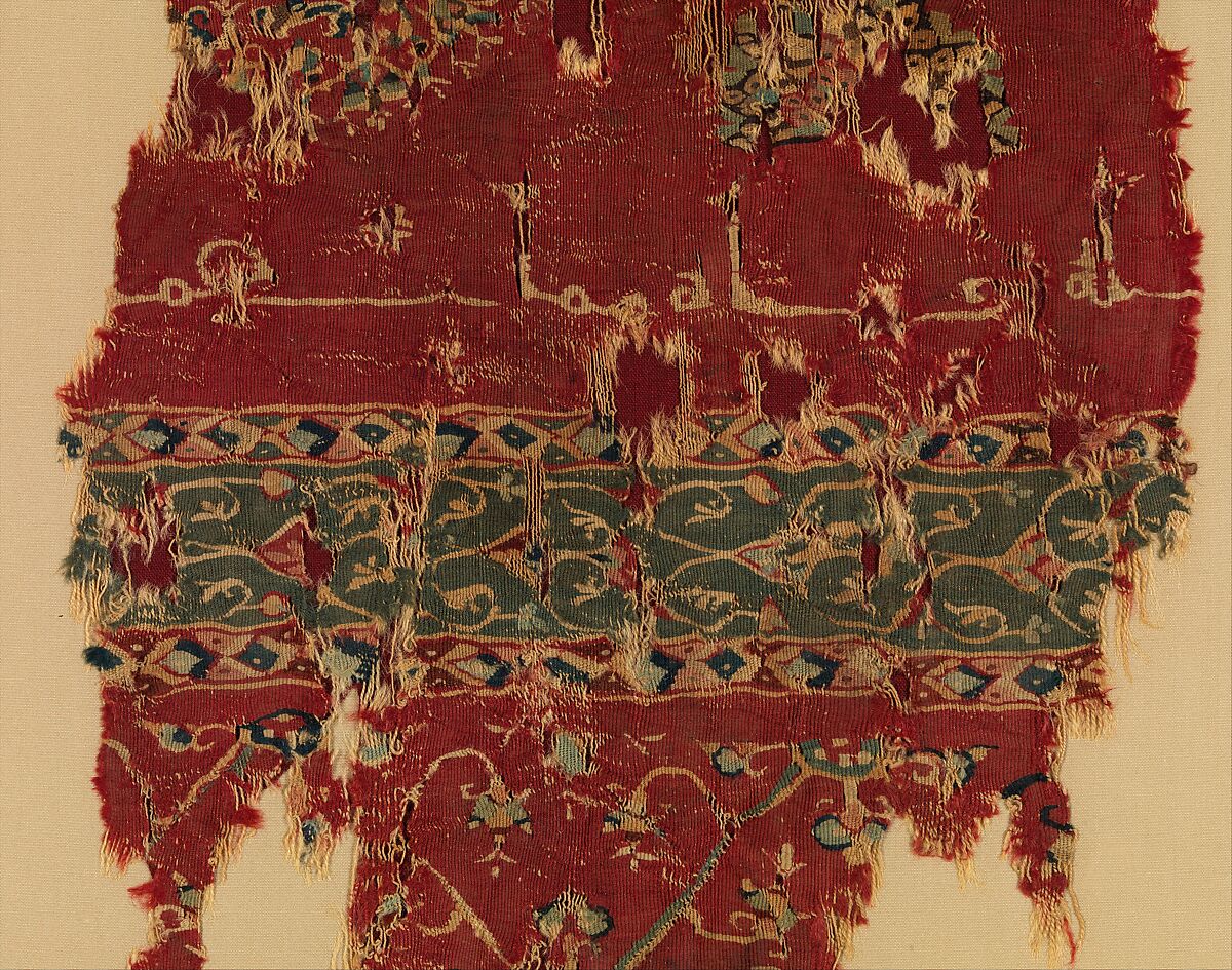 Tapestry-Woven Fragment, Wool; slit-tapestry weave with eccentric wefts