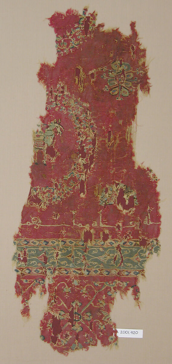 Tapestry-Woven Fragment, Wool; slit-tapestry weave with eccentric wefts