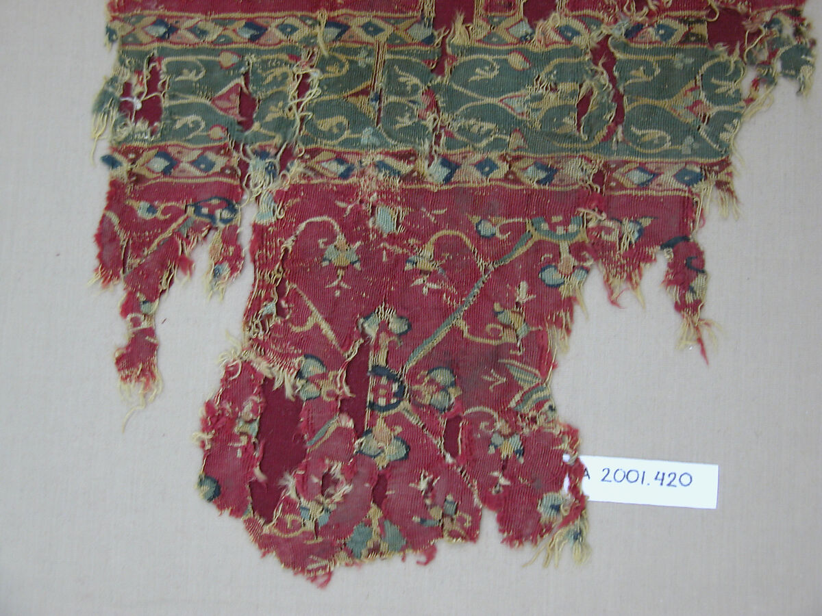 Tapestry-Woven Fragment, Wool; slit-tapestry weave with eccentric wefts
