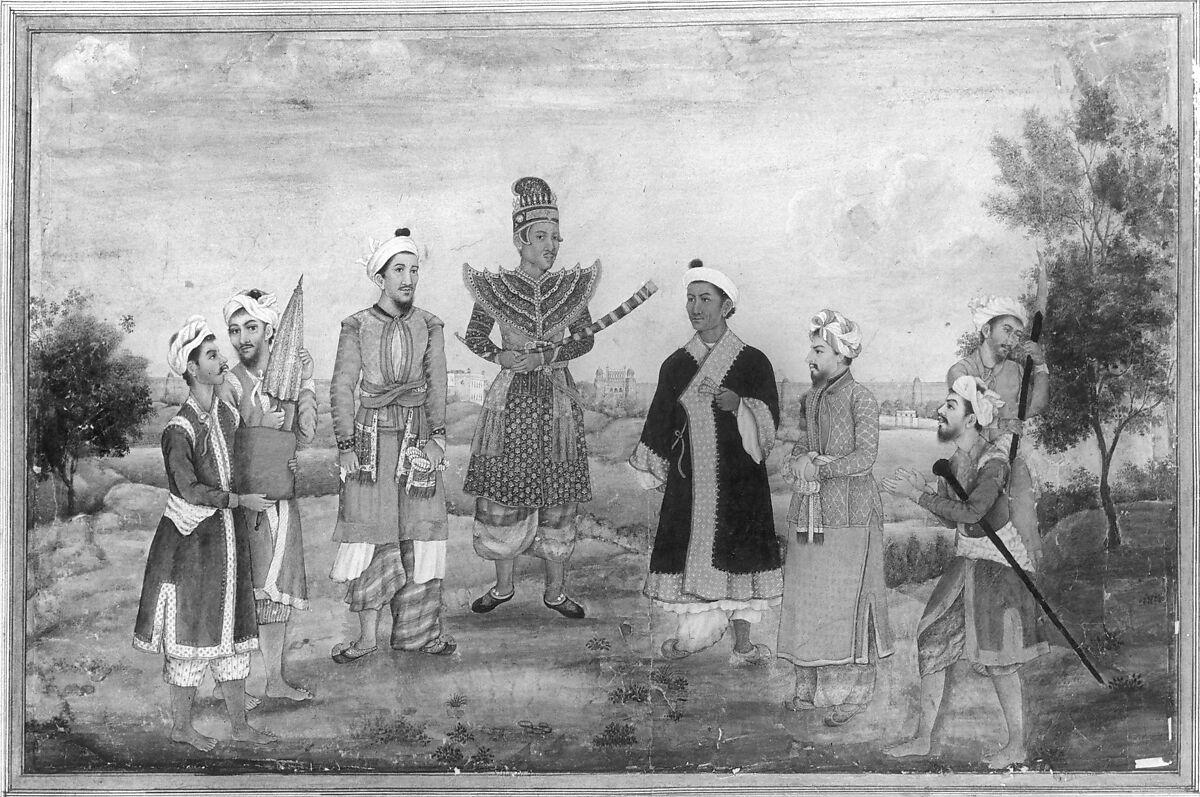 Eight Men in Indian and Burmese Costume, circle of Ghulam ‘Ali Khan, Main support: Ink, opaque watercolor, and gold on paperMargins: Gold on dyed paper