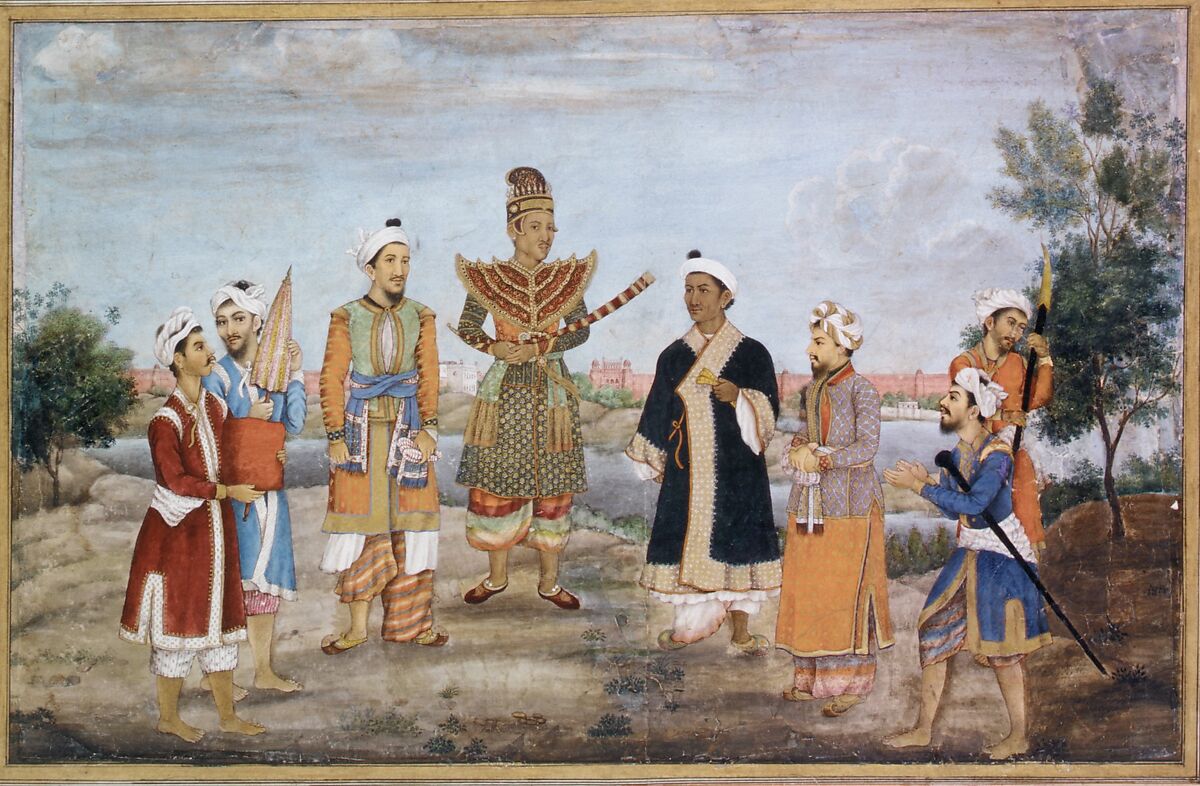 Eight Men in Indian and Burmese Costume, circle of Ghulam ‘Ali Khan, Main support: Ink, opaque watercolor, and gold on paperMargins: Gold on dyed paper