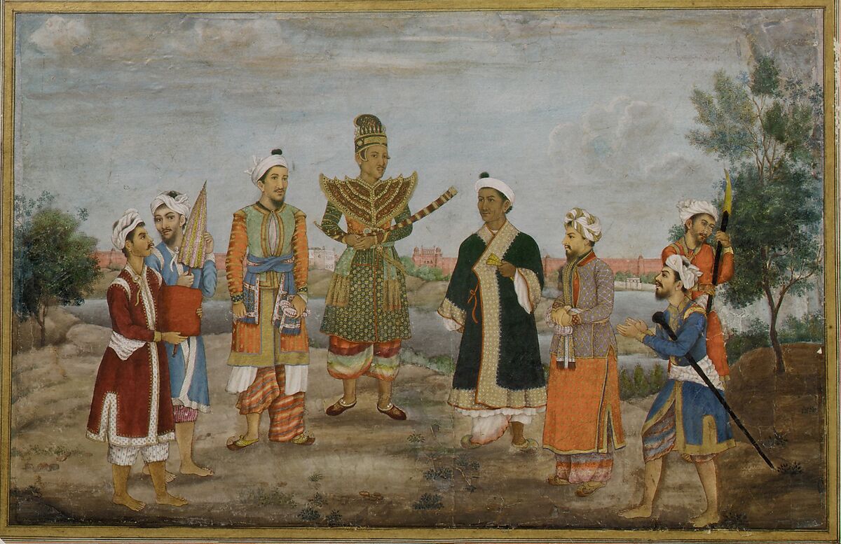Eight Men in Indian and Burmese Costume, circle of Ghulam ‘Ali Khan, Main support: Ink, opaque watercolor, and gold on paperMargins: Gold on dyed paper 