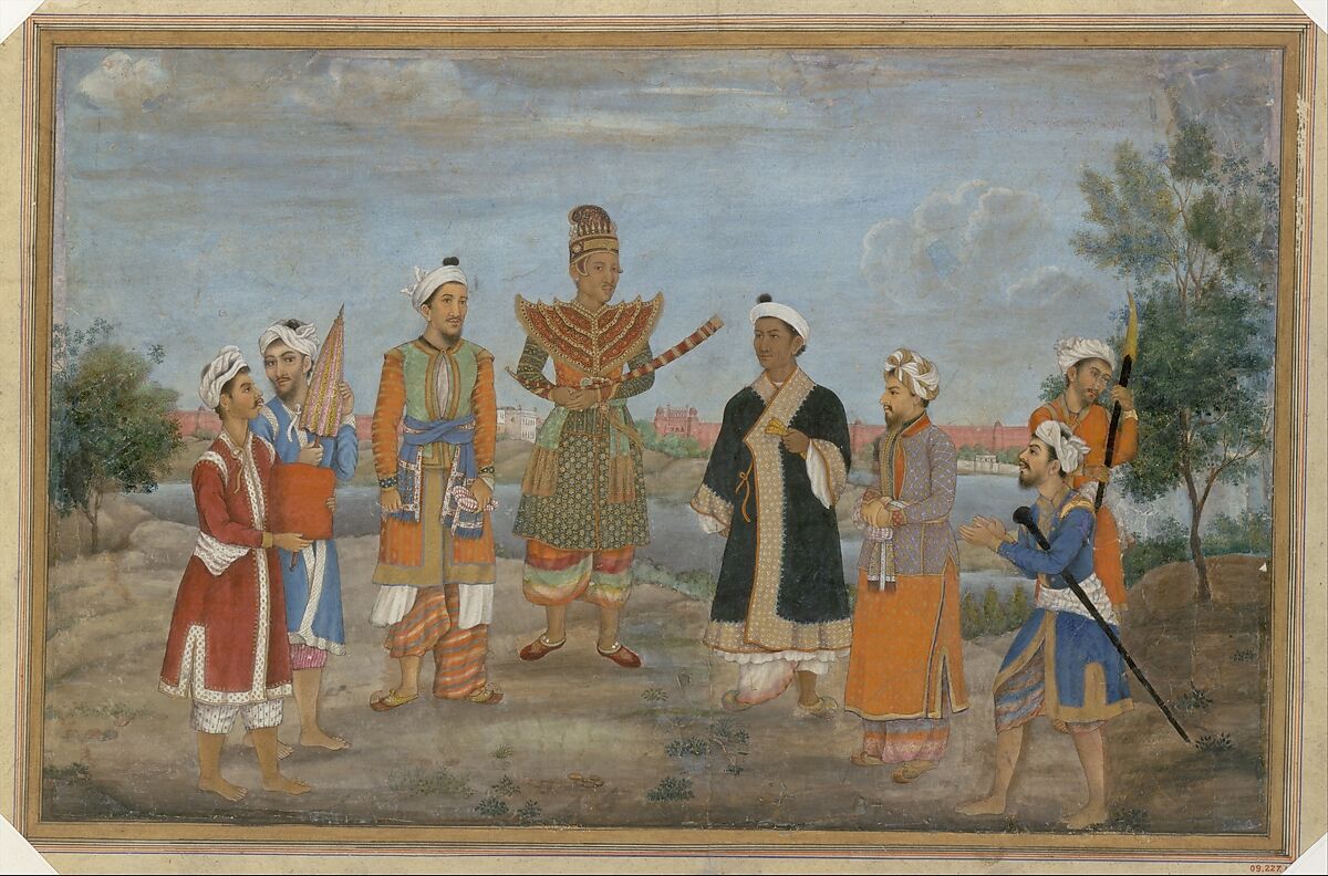 Eight Men in Indian and Burmese Costume, circle of Ghulam ‘Ali Khan, Main support: Ink, opaque watercolor, and gold on paperMargins: Gold on dyed paper