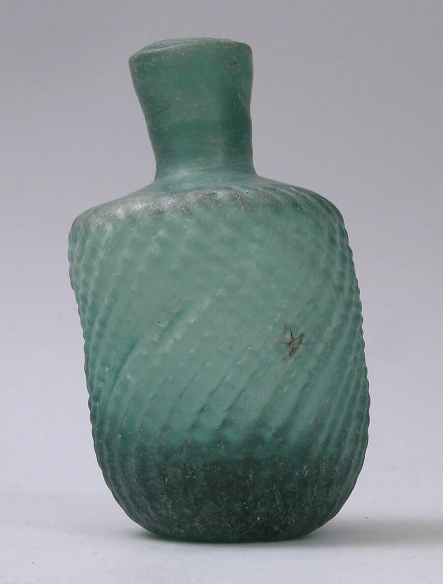 Bottle with Twisted Ribbing, Glass, blue-green; dip-molded, blown 