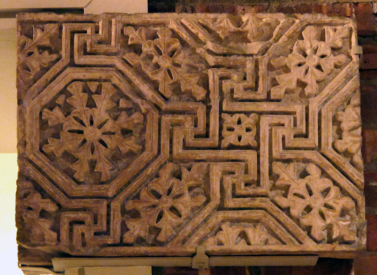 Corner Block from a Frieze with a Meander Pattern of Lines and Rosettes, Limestone; carved in relief 