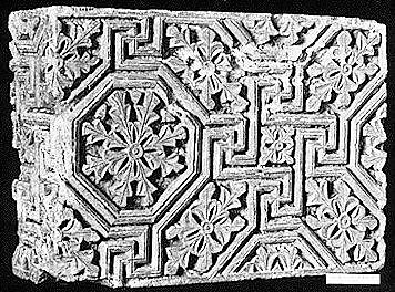 Corner Block from a Frieze with a Meander Pattern of Lines and Rosettes, Limestone; carved in relief