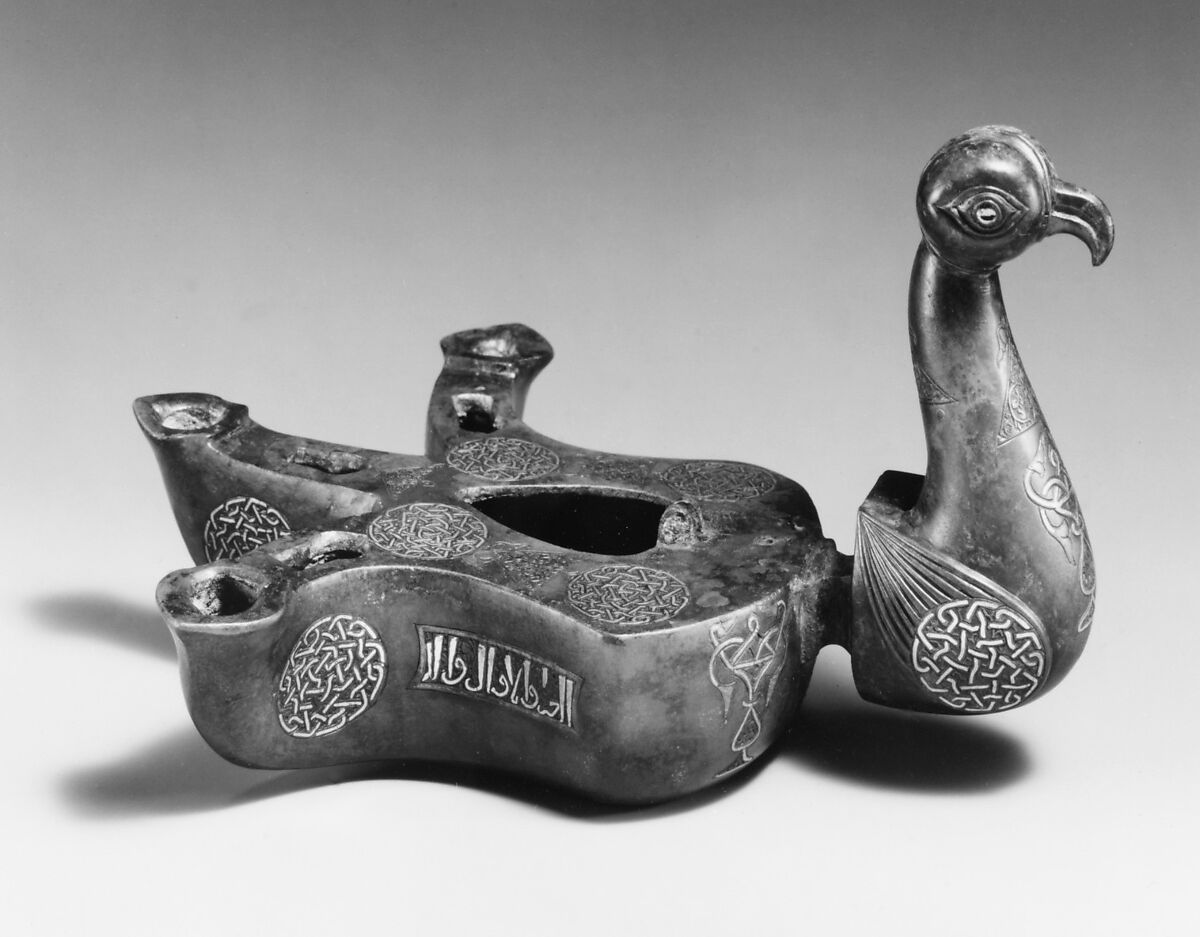Bird-Shaped Oil Lamp, Bronze; cast, engraved, inlaid with silver and copper