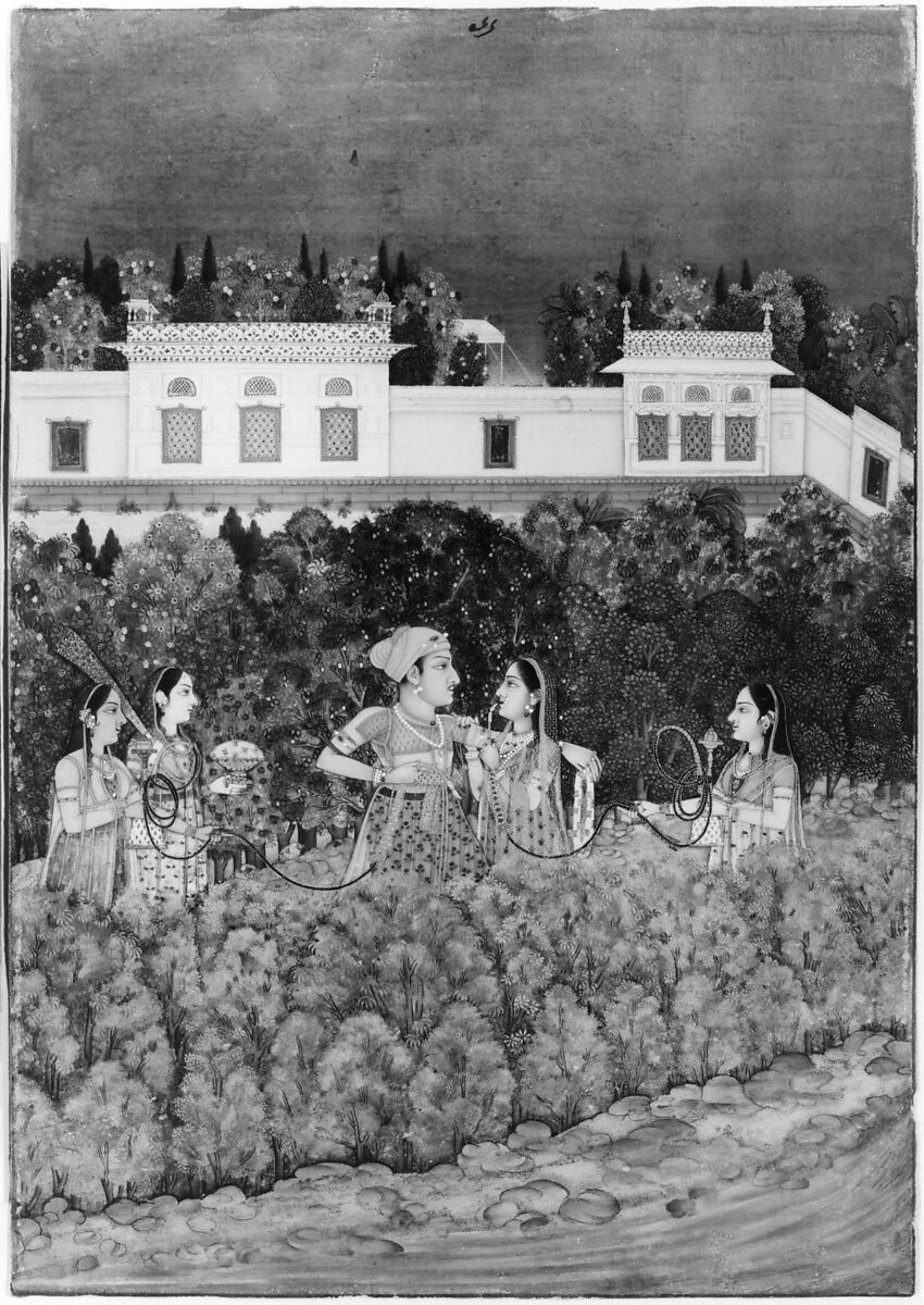 Prince and Ladies in a Garden, Nidha Mal (Indian, active ca. 1735–75), Ink, opaque watercolor, and gold on paper