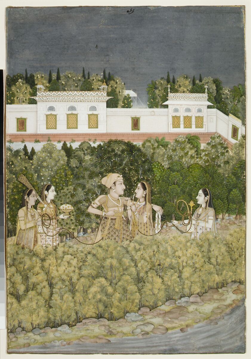 Prince and Ladies in a Garden, Nidha Mal (Indian, active ca. 1735–75), Ink, opaque watercolor, and gold on paper