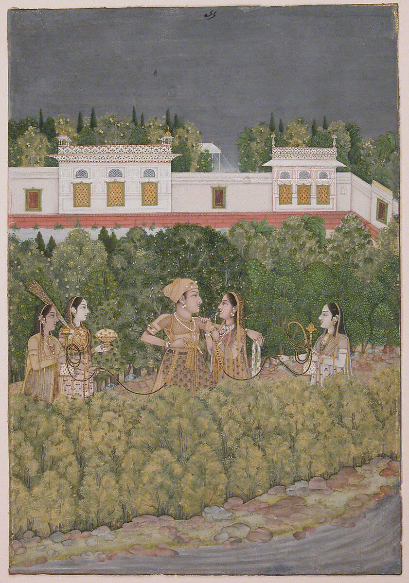 Prince and Ladies in a Garden, Nidha Mal (Indian, active ca. 1735–75), Ink, opaque watercolor, and gold on paper