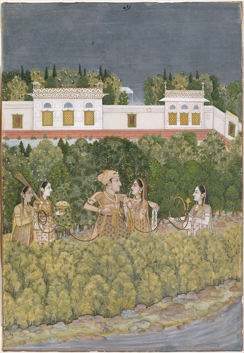 Prince and Ladies in a Garden, Nidha Mal (Indian, active ca. 1735–75), Ink, opaque watercolor, and gold on paper