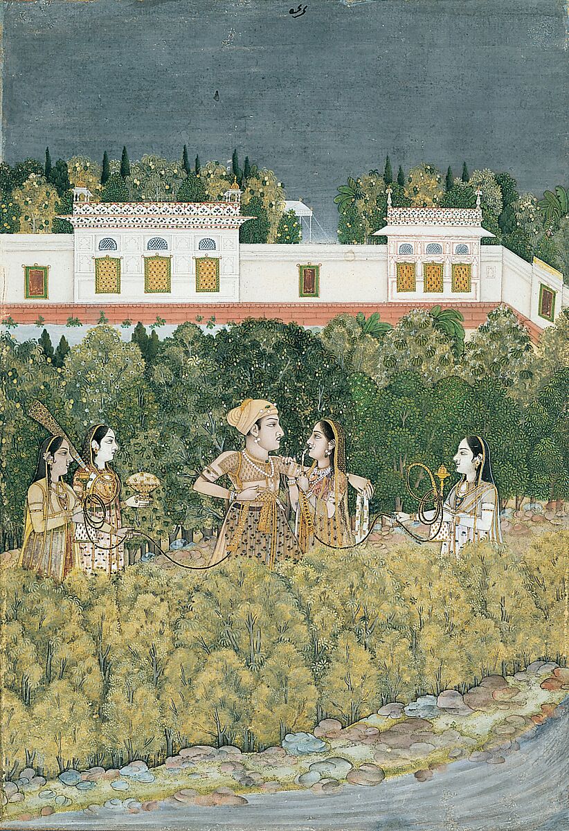 Prince and Ladies in a Garden, Nidha Mal (Indian, active ca. 1735–75), Ink, opaque watercolor, and gold on paper