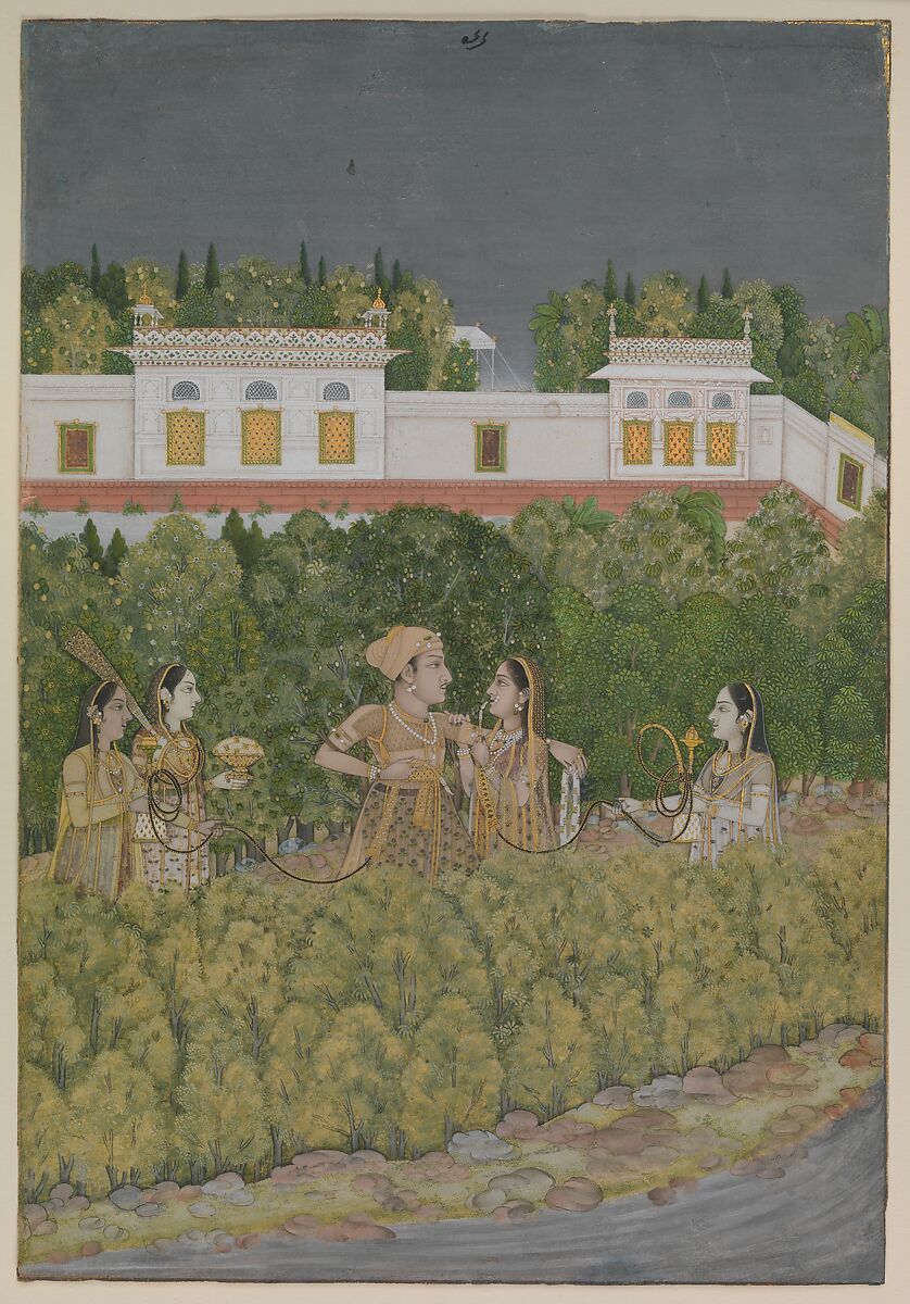 Prince and Ladies in a Garden, Nidha Mal (Indian, active ca. 1735–75), Ink, opaque watercolor, and gold on paper 