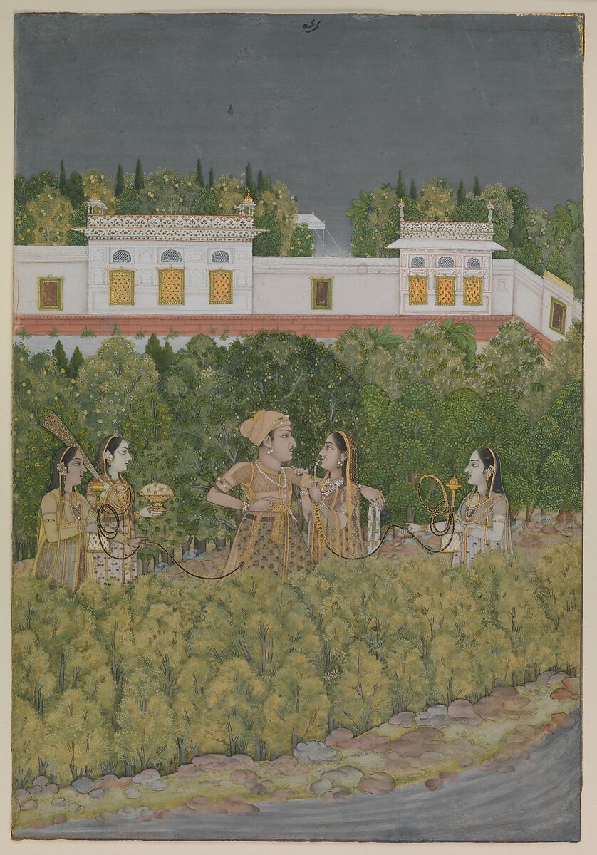 Prince and Ladies in a Garden, Nidha Mal  Indian, Ink, opaque watercolor, and gold on paper