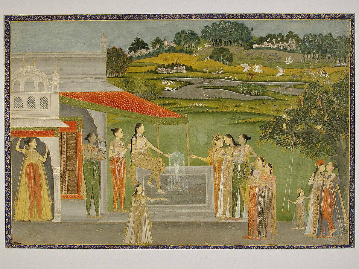 Princesses Gather at a Fountain, Opaque watercolor and gold on paper