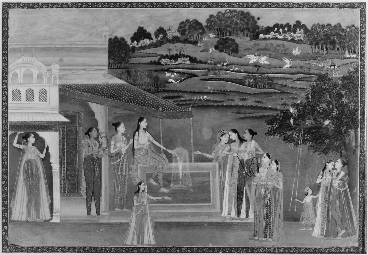 Princesses Gather at a Fountain, Opaque watercolor and gold on paper