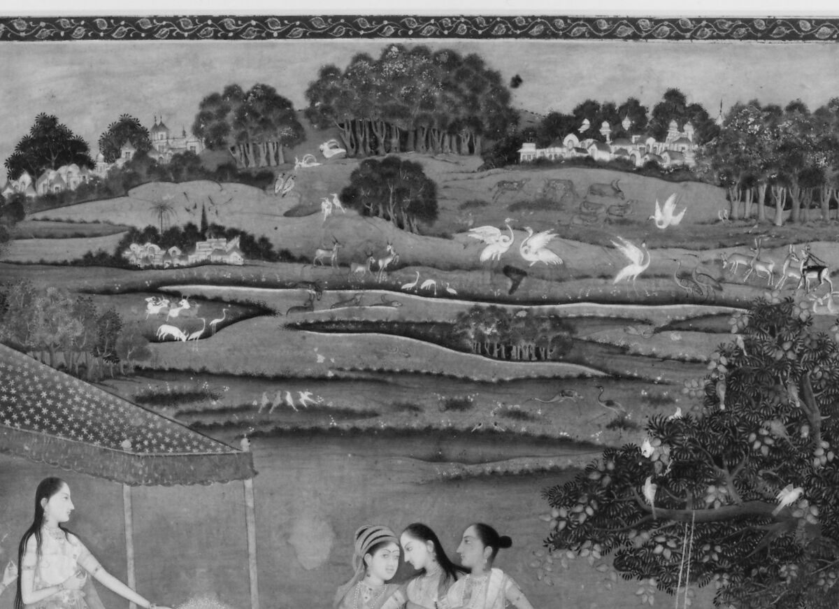 Princesses Gather at a Fountain, Opaque watercolor and gold on paper