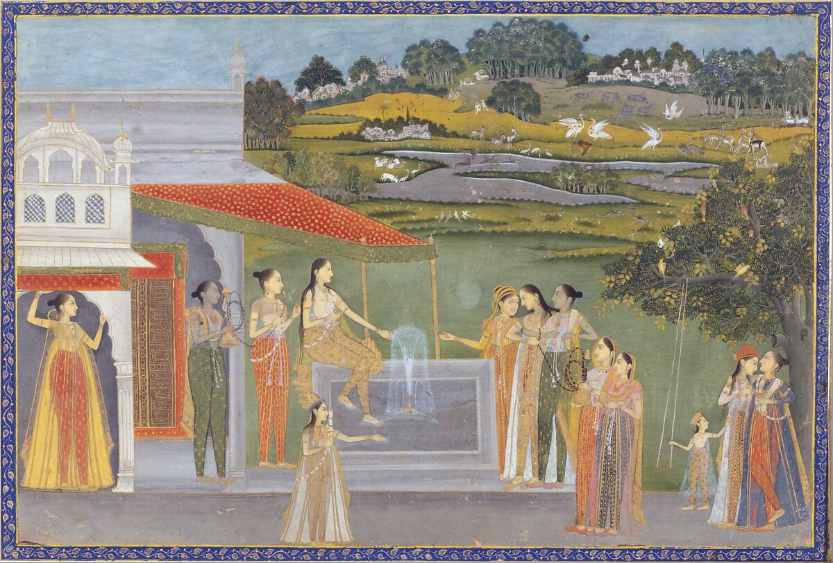 Princesses Gather at a Fountain, Opaque watercolor and gold on paper