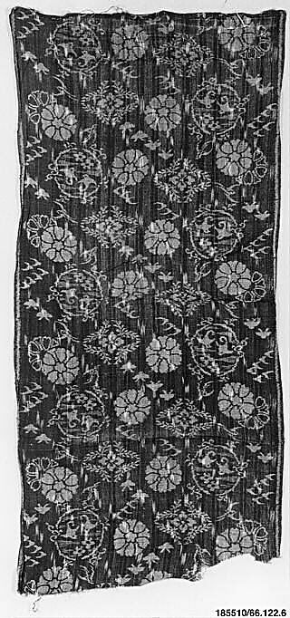 Piece of Cloth for Kimono with Pattern of Cherry Blossoms, Floral Medallions, Birds, and Vertical Splashes, Plain-weave asa with warp and weft kasuri (ikat ) patterning, Japan 