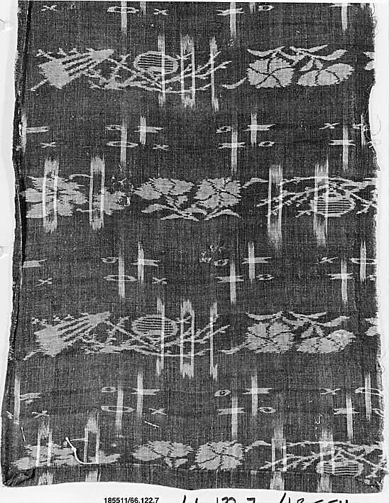 Piece of Cloth for Kimono with Pattern of Pinks, Umbrellas, Maple Leaves, Lanterns, and Splashed Geometric Motifs, Plain-weave asa with warp and weft kasuri (ikat ) patterning, Japan 