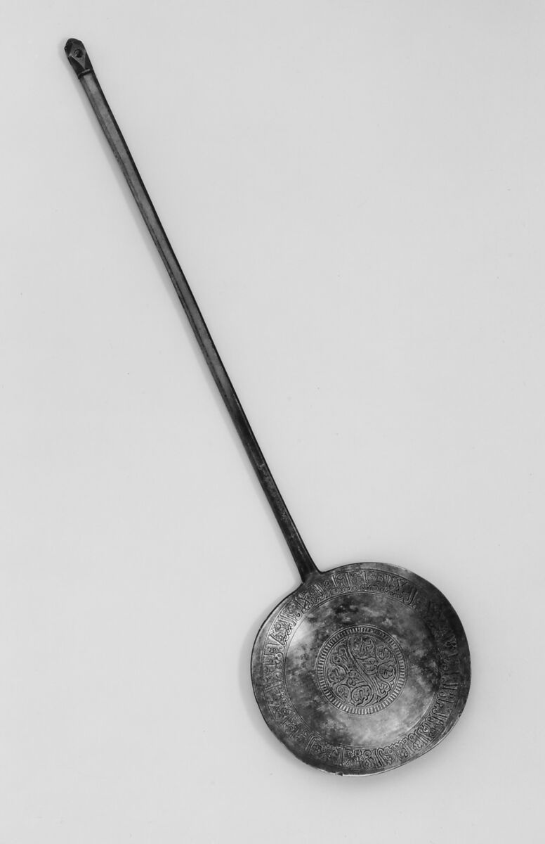 Long-Handled Spoon Inscribed in Arabic with Good Wishes, Mahmud ibn Muhammad ibn Abi al-Hasan al-Naqqash, High-tin bronze alloy; cast, chased, and drilled