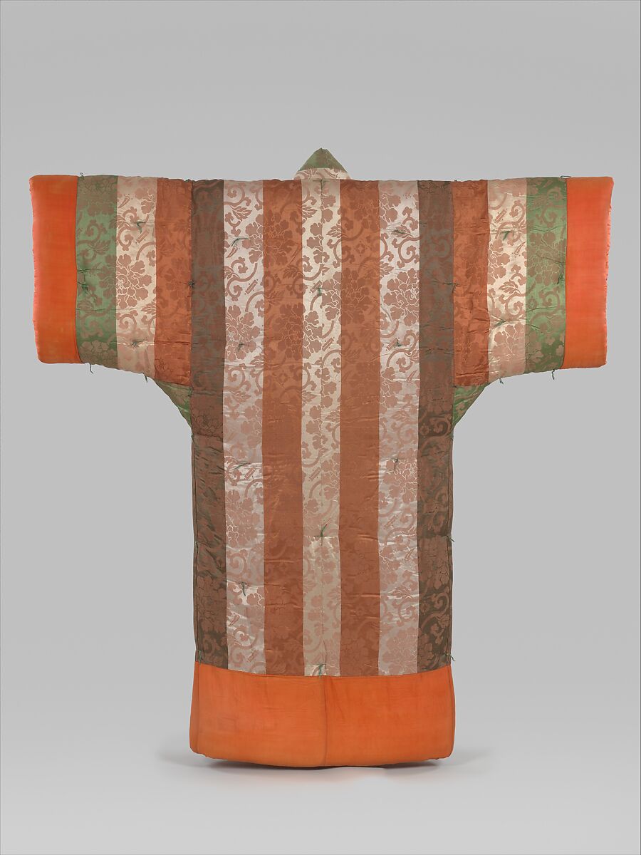 Kimono-shaped Comforter (Yogi) with Peonies and Stripes, Silk damask, silk floss wadding, Japan 