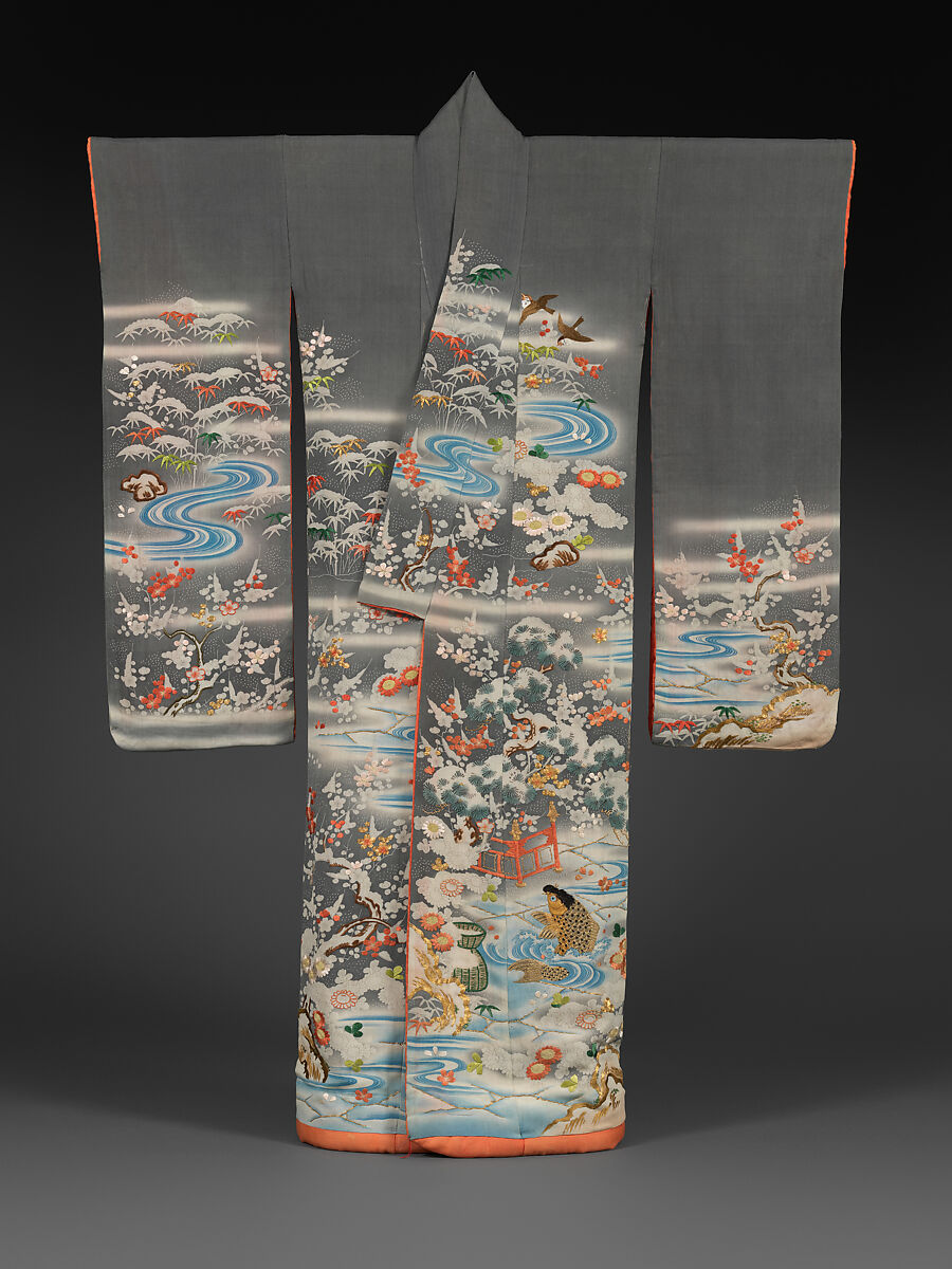 Outer Robe (Uchikake) with Scenes of Filial Piety, Crepe silk with paste-resist dyeing and silk- and gold-thread embroidery, Japan