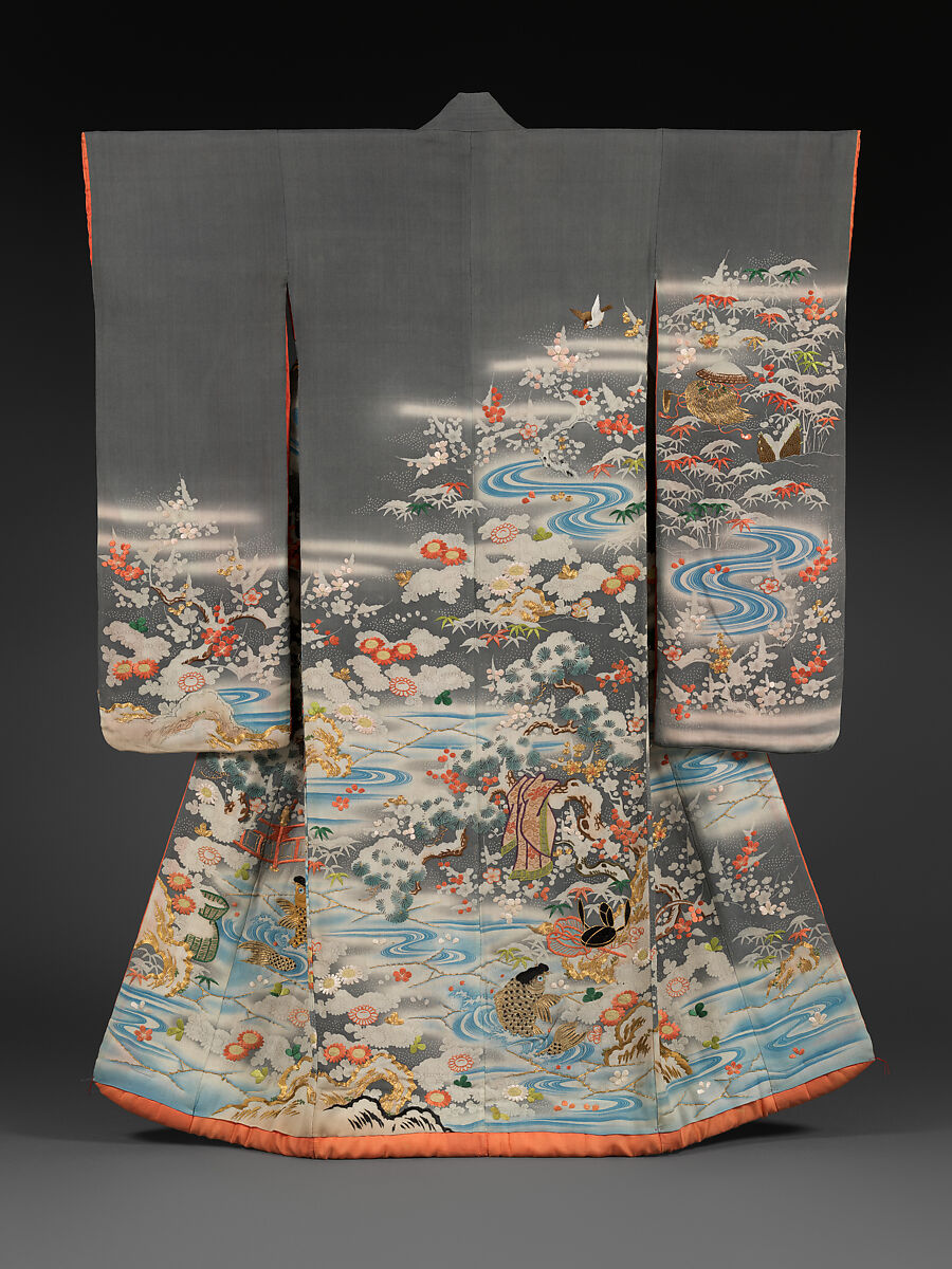 Outer Robe (Uchikake) with Scenes of Filial Piety, Crepe silk with paste-resist dyeing and silk- and gold-thread embroidery, Japan 